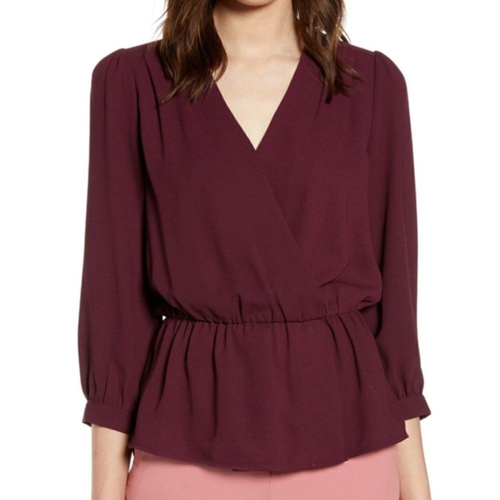 Halogen Wrap Front Peplum Top size Petite Small in Plum